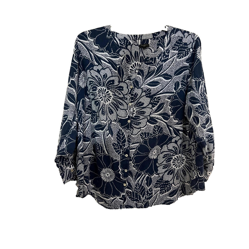 Talbots 2X Tunic Top Button Down Cotton Shirt Blue & White Batik Style Print